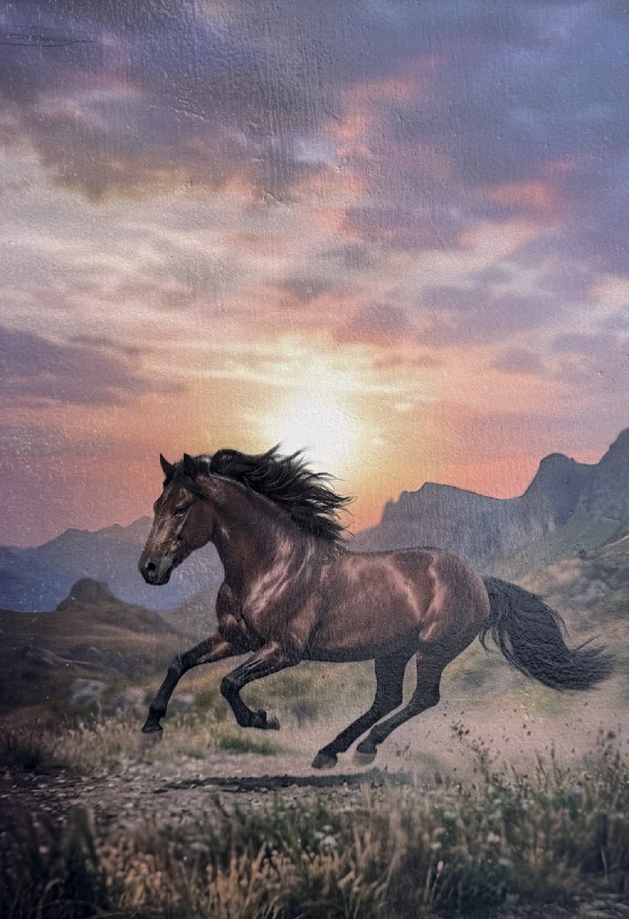Sunset horse scene printed across an interior wall